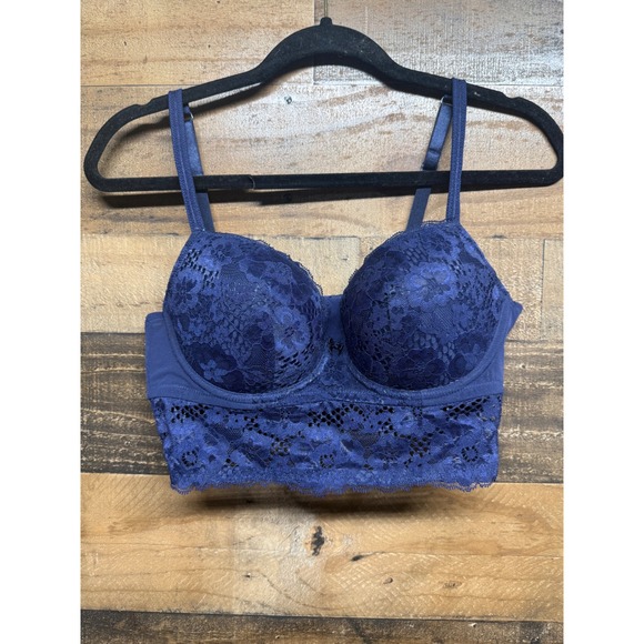 Adore Me Other - Adored by Adore Me Navy Blue Lace Longline Underwire Bra 34D Floral Mesh Back‎
